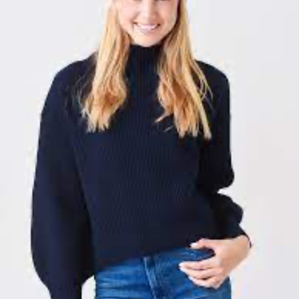 A.L.C. Ribbed Merino Wool Open Back Mock Neck Navy Sweater Women's Sz M
